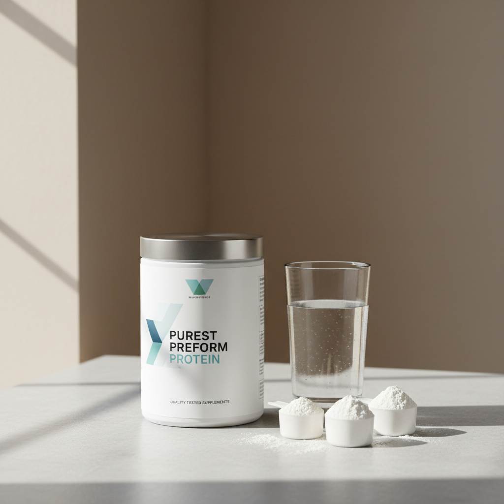 A single, high-quality white protein powder tub with a brushed steel lid and clean, geometric label, placed squarely on a smooth, pale stone countertop. Arranged beside the tub are precise scoops of fine protein powder, lightly dusted for visual texture, and an elegant glass of clear water. The scene is illuminated by soft, diffused daylight from a nearby window, casting gentle, elongated shadows and subtle specular highlights. The composition is minimalist, centered and evenly balanced, capturing every detail with sharp photographic clarity against a subdued taupe background. This image exudes professionalism, purity, and reliability, supporting the brand's dedication to quality-tested supplements.