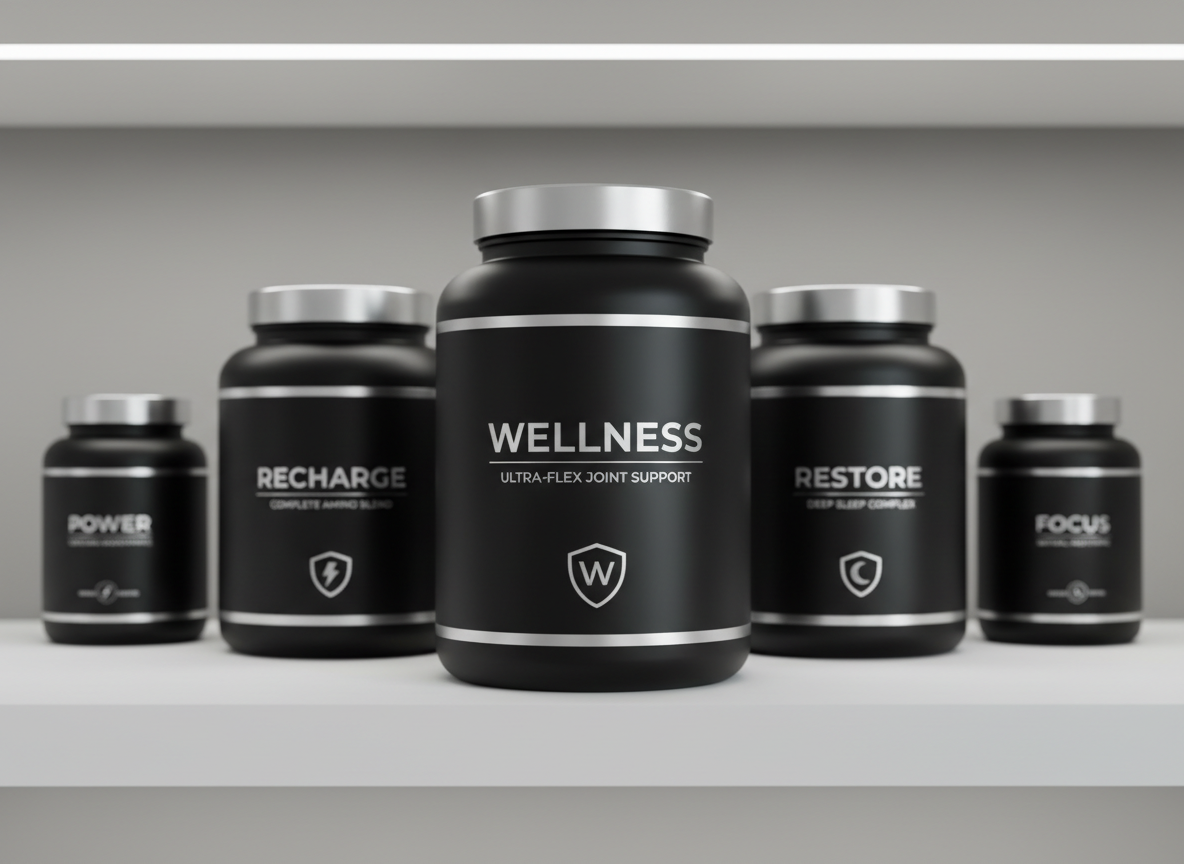 A collection of premium supplement containers, featuring matte black plastic tubs with minimalist silver labeling and metallic accents, arranged neatly on a pristine white shelf. The containers have crisp, clear branding and subtle textures that hint at the quality of the products inside. Behind them, the backdrop is a soft, neutral gray wall, adding depth without distraction. Balanced, cool daylight from overhead fixtures creates gentle highlights across the containers, producing soft, natural reflections and structured shadows. The shot is composed at eye-level for a clear, direct view, using a shallow depth of field to bring focus to the central container while others gradually blur in the background. This photographic realism delivers a modern, clean, and professional impression, perfectly aligning with a trustworthy supplements brand.